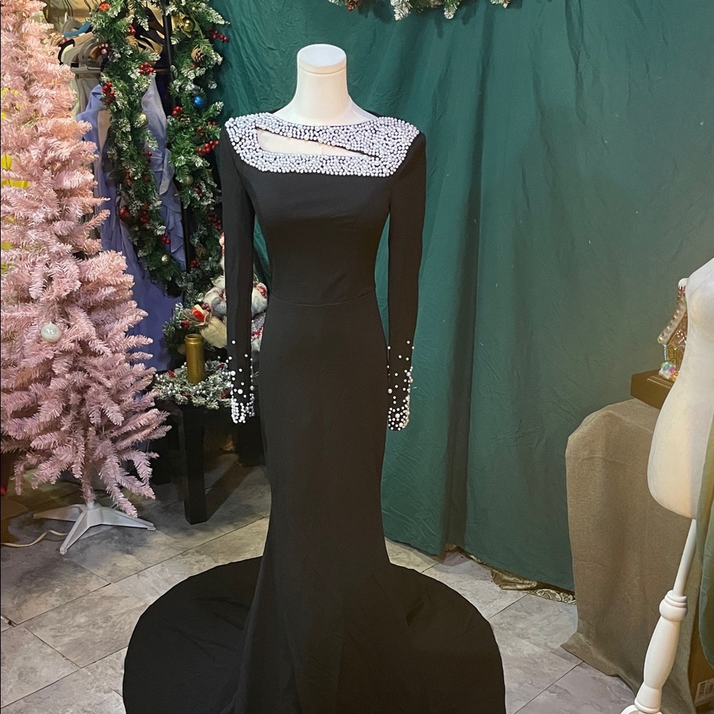 Elegant Black Long Sleeve Gown with Pearl Accents